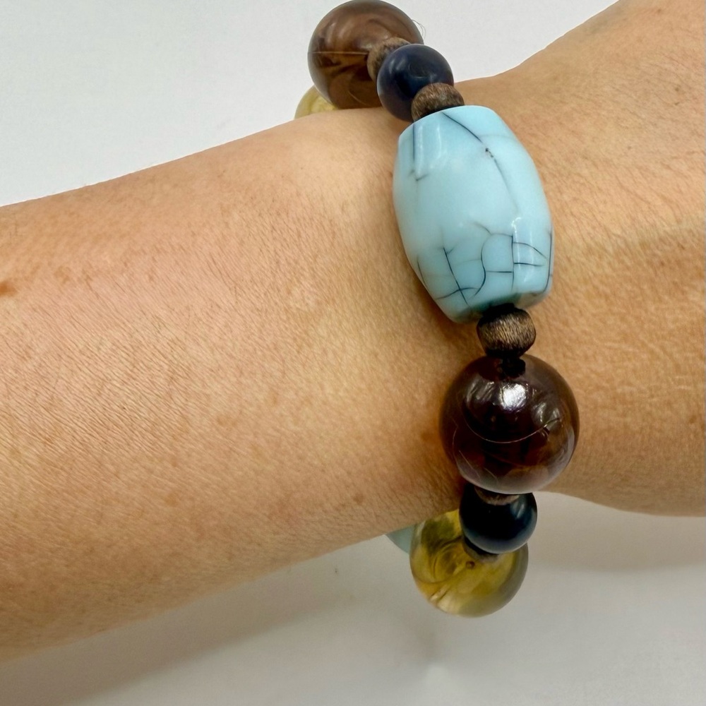 Blue and Brown Boho Chunky Beaded Stretch Bracelet